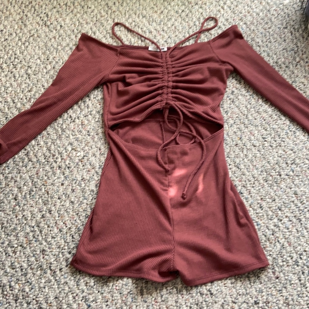 Dark pink colored, off the shoulder romper,